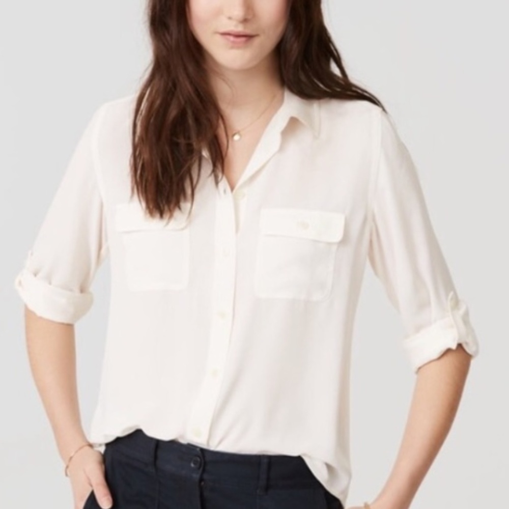 LOFT Cream Sheer Utility Blouse